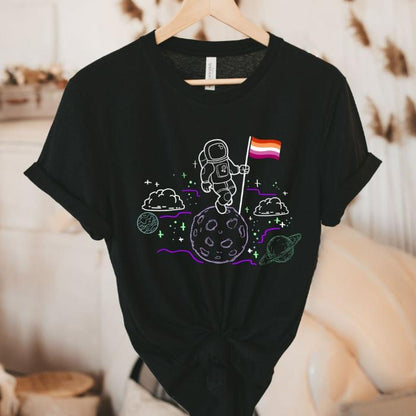 Lesbian Pride Shirt Astronaut Walking In Space With Flag