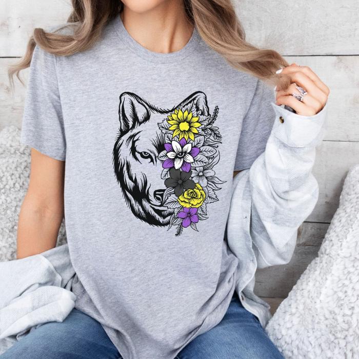 Nonbinary Wolf With Flowers Shirt