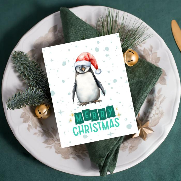 Printable Penguin Christmas Card. 5x7 Penguin Holiday Greeting Card