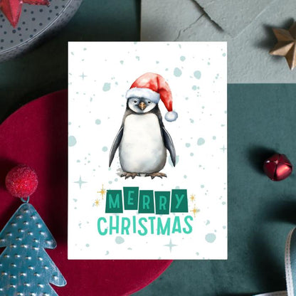 Printable Penguin Christmas Card. 5x7 Penguin Holiday Greeting Card