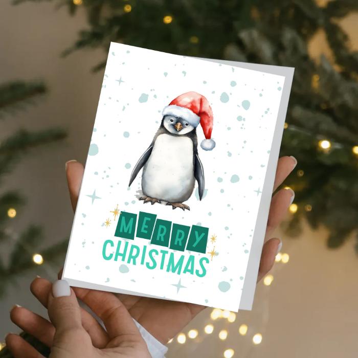 Printable Penguin Christmas Card. 5x7 Penguin Holiday Greeting Card