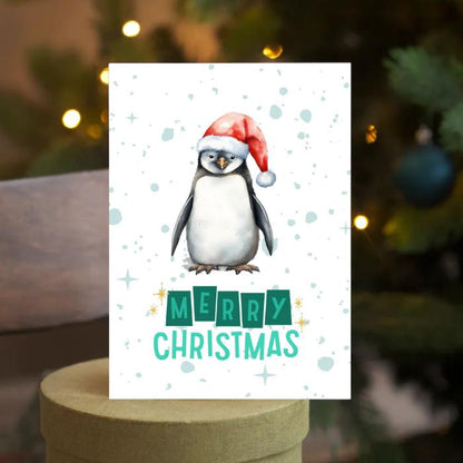 Printable Penguin Christmas Card. 5x7 Penguin Holiday Greeting Card