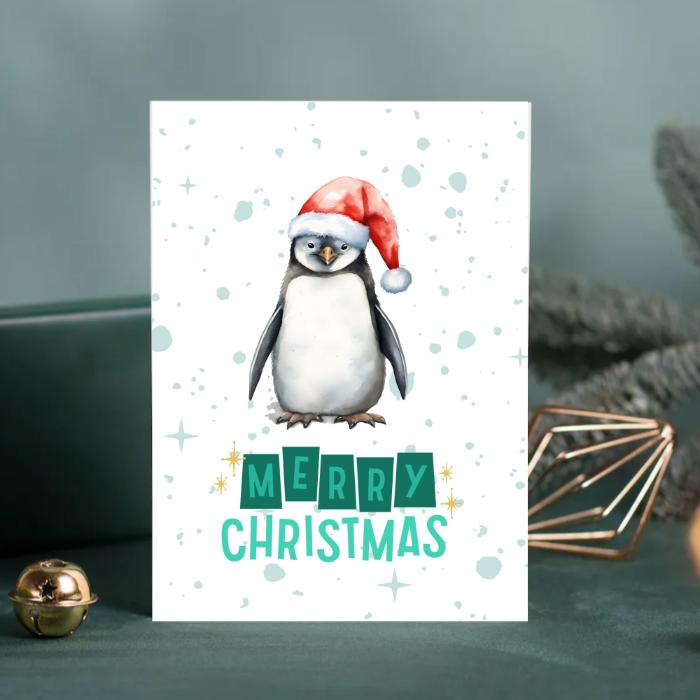 Printable Penguin Christmas Card. 5x7 Penguin Holiday Greeting Card