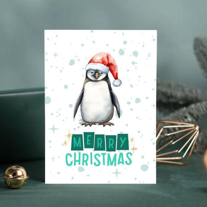 Printable Penguin Christmas Card. 5x7 Penguin Holiday Greeting Card