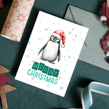 Printable Penguin Christmas Card. 5x7 Penguin Holiday Greeting Card