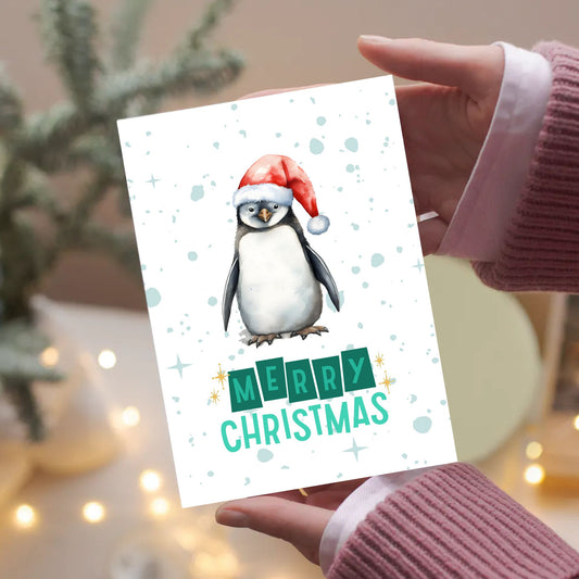 Printable Penguin Christmas Card. 5x7 Penguin Holiday Greeting Card