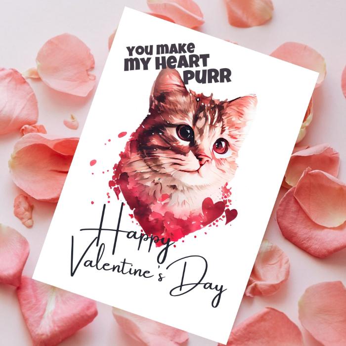 Cute Printable Cat Love Valentine's Card - You Make My Heart Purr