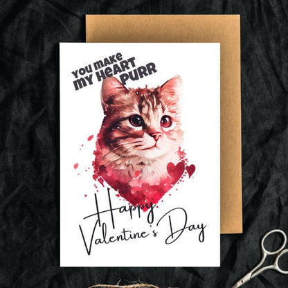 Cute Printable Cat Love Valentine's Card - You Make My Heart Purr