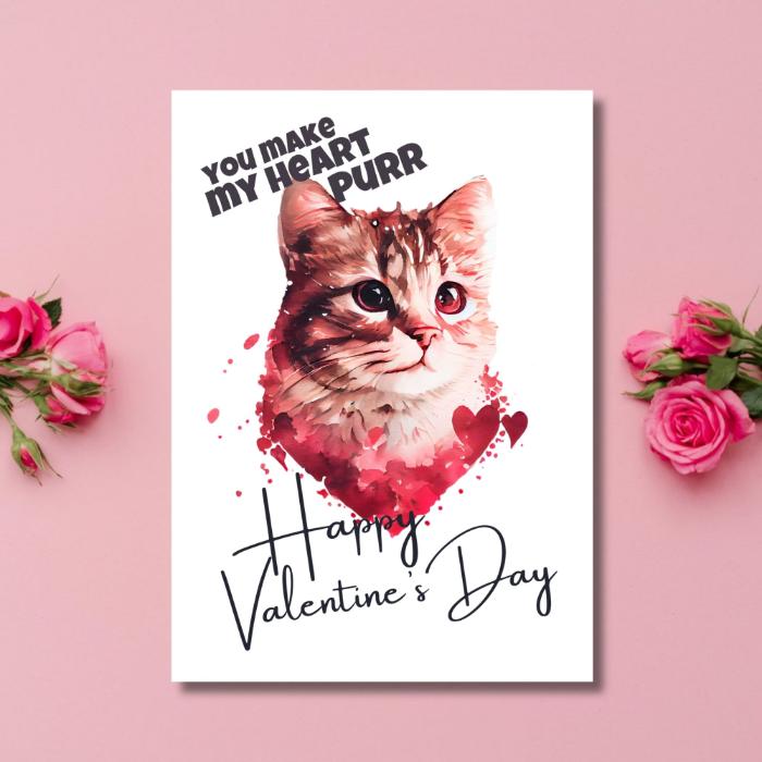 Cute Printable Cat Love Valentine's Card - You Make My Heart Purr