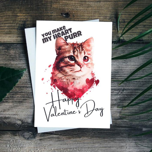 Cute Printable Cat Love Valentine's Card - You Make My Heart Purr