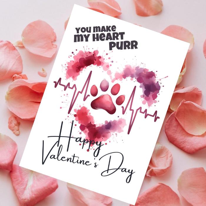 Printable Cat Paw Valentine's Card Heartbeat