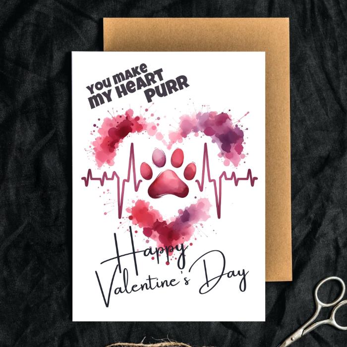 Printable Cat Paw Valentine's Card Heartbeat