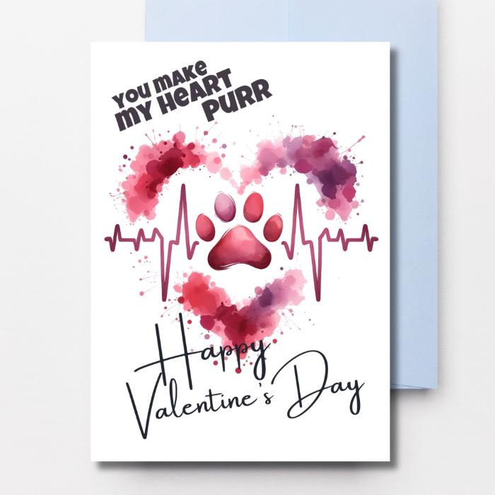 Printable Cat Paw Valentine's Card Heartbeat