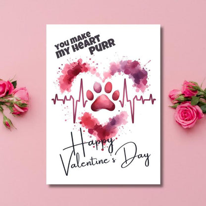 Printable Cat Paw Valentine's Card Heartbeat