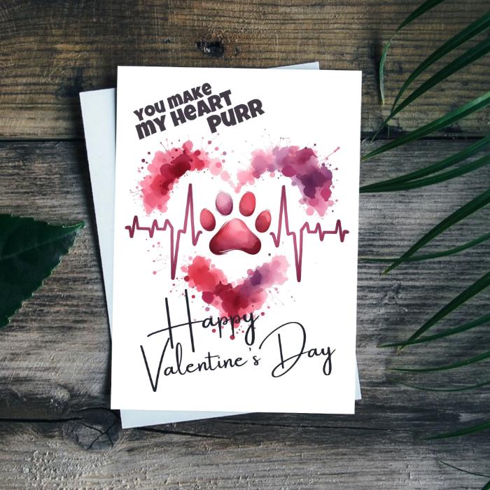 Printable Cat Paw Valentine's Card Heartbeat