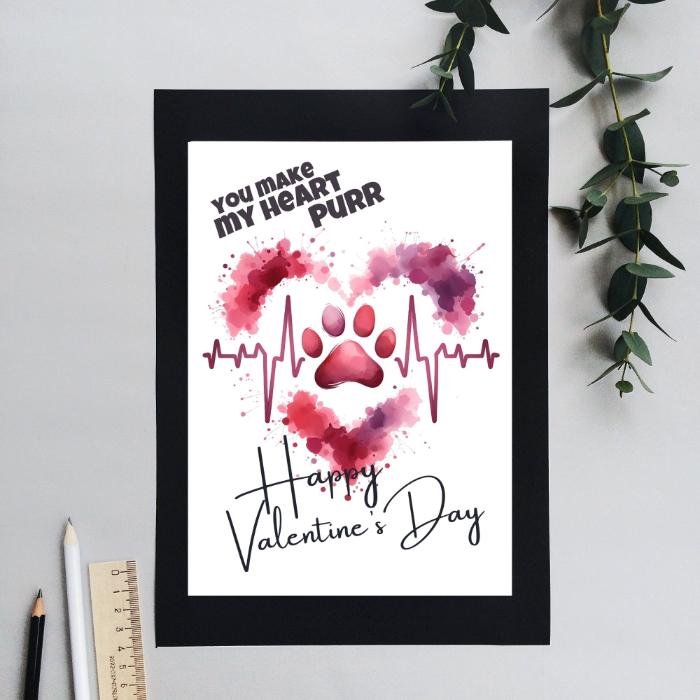 Printable Cat Paw Valentine's Card Heartbeat