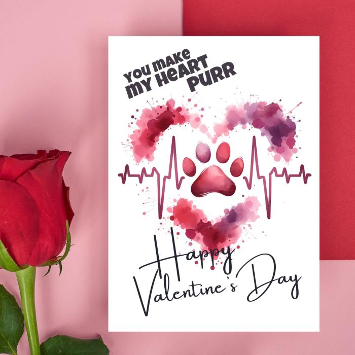 Printable Cat Paw Valentine's Card Heartbeat