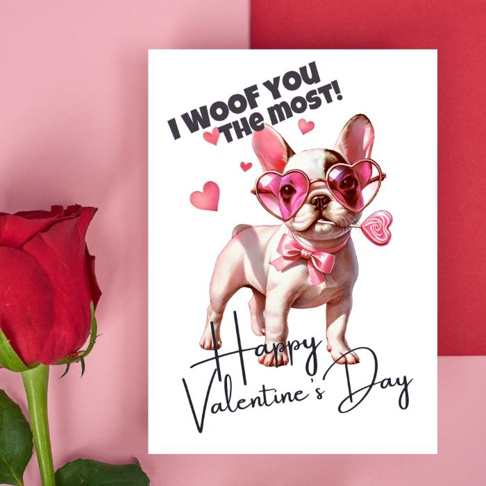 Printable French Bulldog Valentine's Card I Woof You The Most