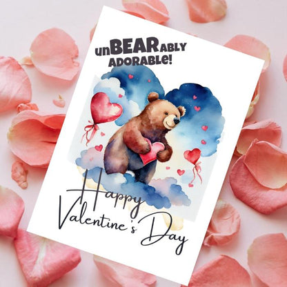 Printable Brown Bear Valentine's Card UnBEARably Adorable