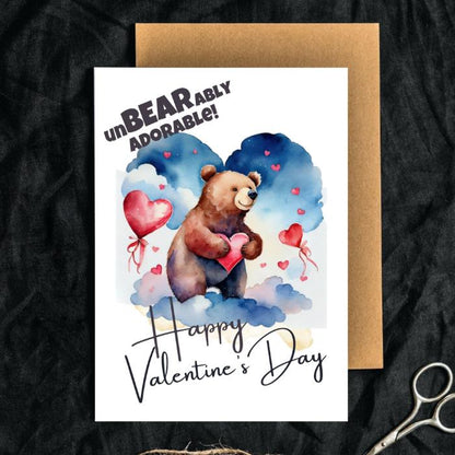 Printable Brown Bear Valentine's Card UnBEARably Adorable