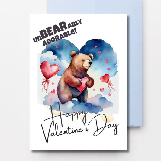 Printable Brown Bear Valentine's Card UnBEARably Adorable