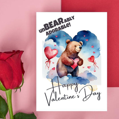 Printable Brown Bear Valentine's Card UnBEARably Adorable