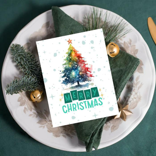 Printable Christmas Tree Card Rainbow Watercolor