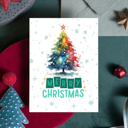 Printable Christmas Tree Card Rainbow Watercolor