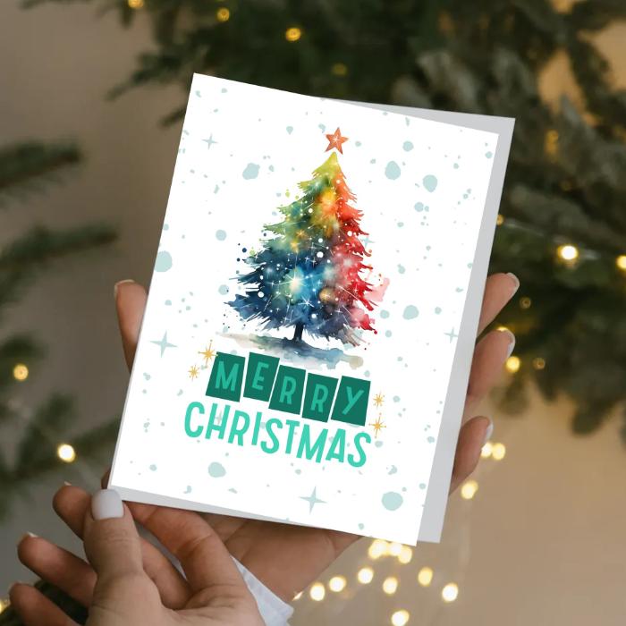 Printable Christmas Tree Card Rainbow Watercolor