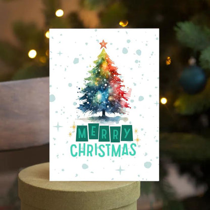 Printable Christmas Tree Card Rainbow Watercolor