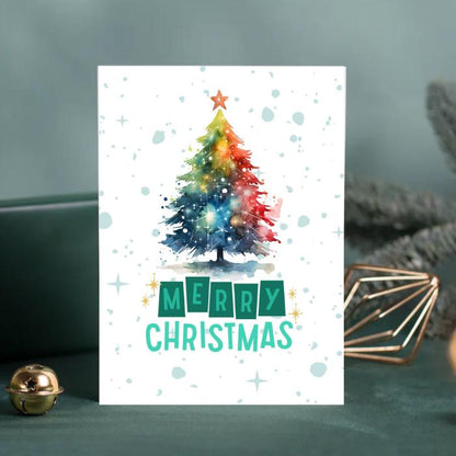 Printable Christmas Tree Card Rainbow Watercolor