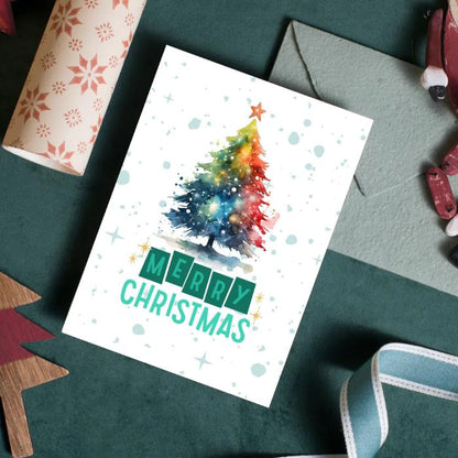 Printable Christmas Tree Card Rainbow Watercolor