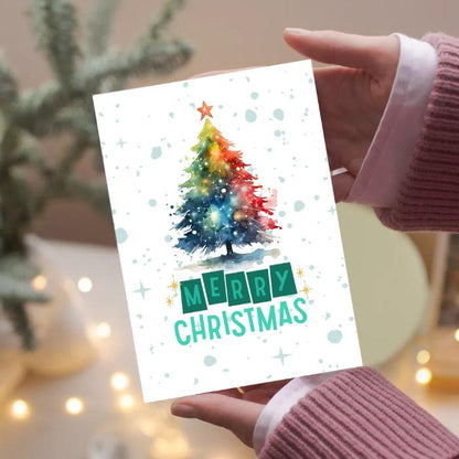 Printable Christmas Tree Card Rainbow Watercolor