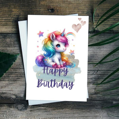 Printable Rainbow Hair Unicorn Birthday Card, Colorful Kids Birthday