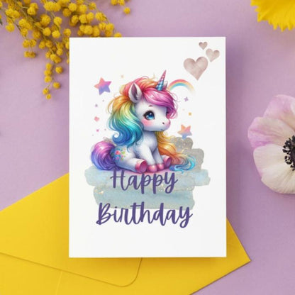 Printable Rainbow Hair Unicorn Birthday Card, Colorful Kids Birthday