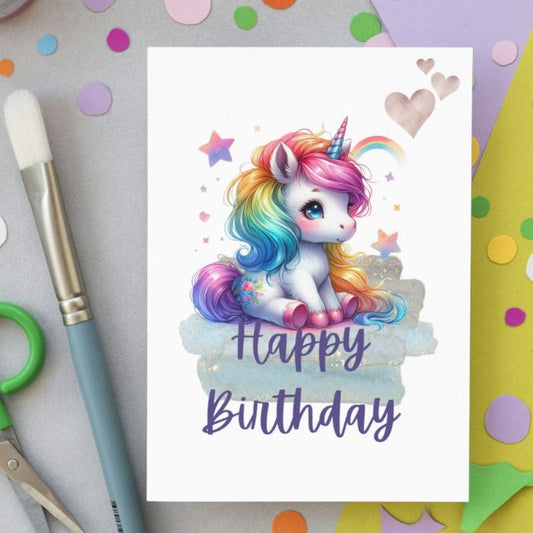 Printable Rainbow Hair Unicorn Birthday Card, Colorful Kids Birthday