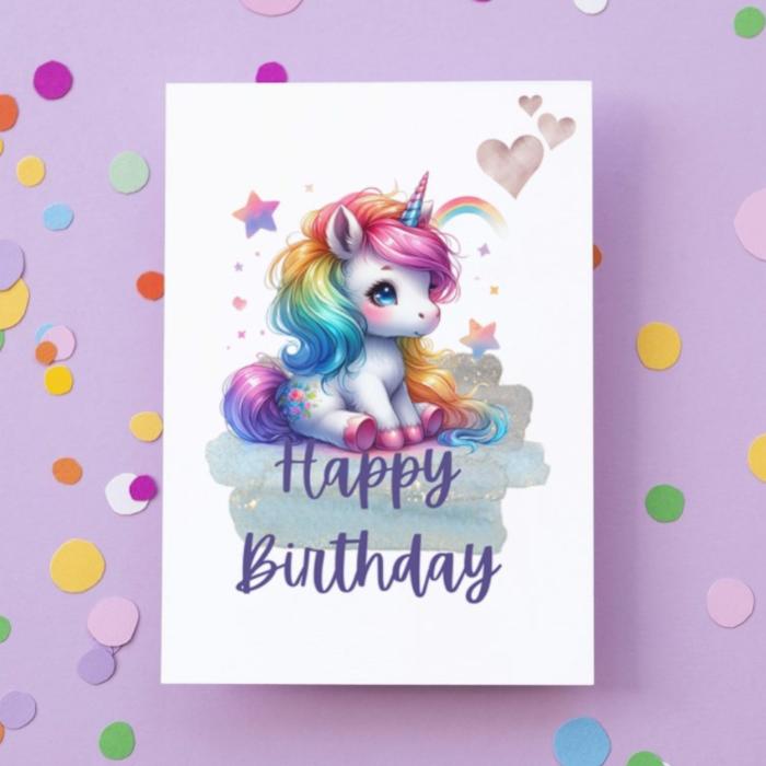 Printable Rainbow Hair Unicorn Birthday Card, Colorful Kids Birthday