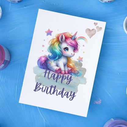 Printable Rainbow Hair Unicorn Birthday Card, Colorful Kids Birthday