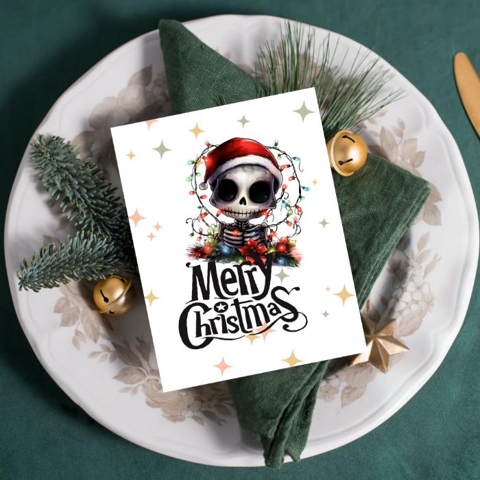 Printable Skeleton Christmas Card Tangled in Lights Goth Christmas