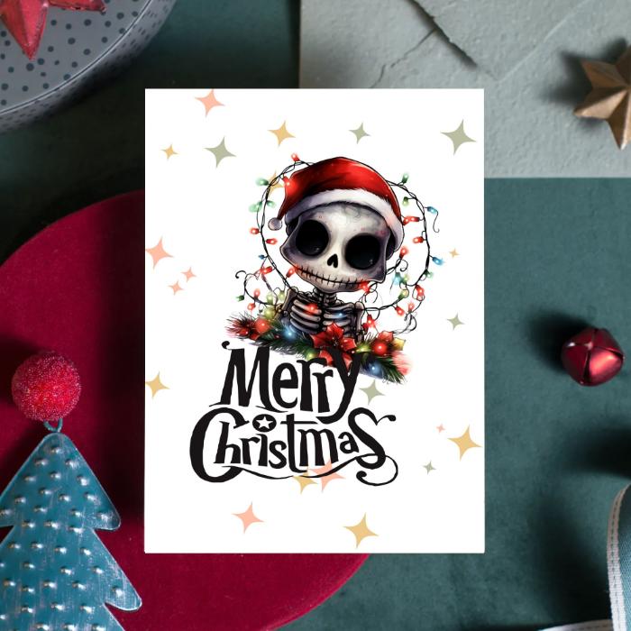 Printable Skeleton Christmas Card Tangled in Lights Goth Christmas