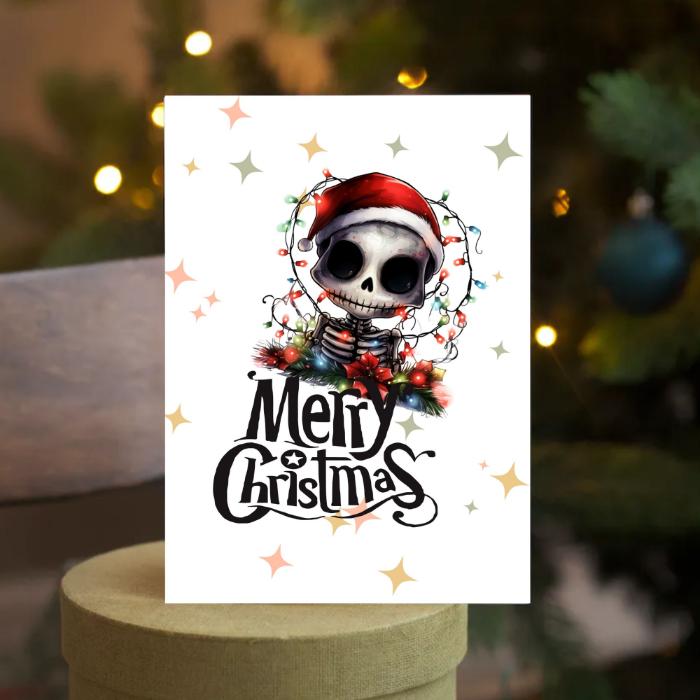 Printable Skeleton Christmas Card Tangled in Lights Goth Christmas