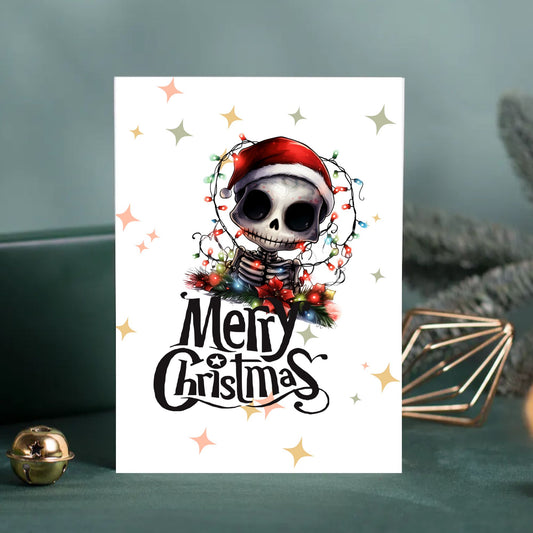 Printable Skeleton Christmas Card Tangled in Lights Goth Christmas