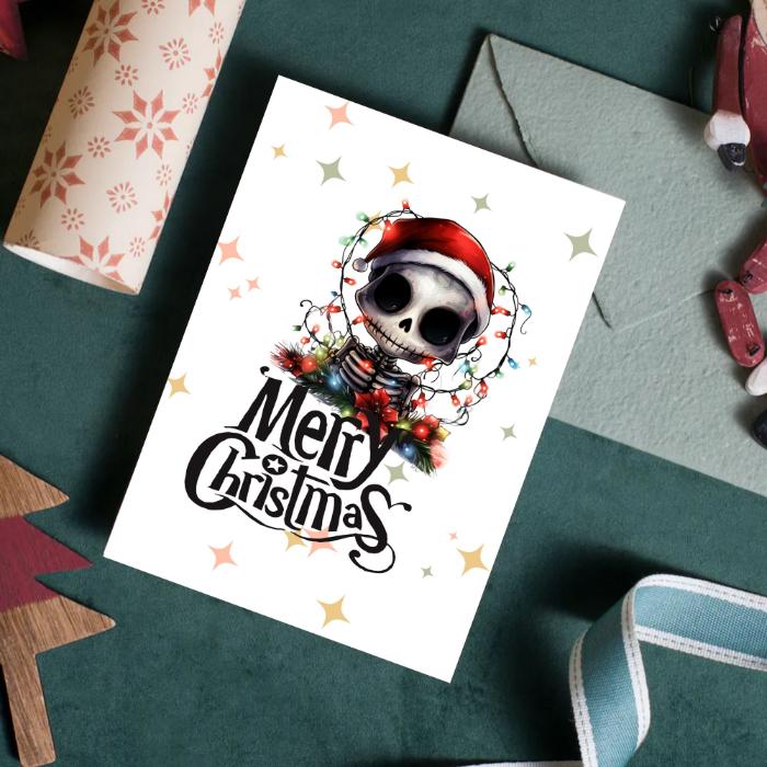 Printable Skeleton Christmas Card Tangled in Lights Goth Christmas