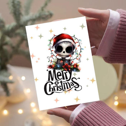 Printable Skeleton Christmas Card Tangled in Lights Goth Christmas