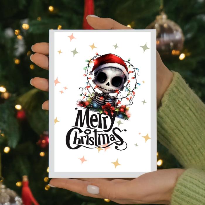 Printable Skeleton Christmas Card Tangled in Lights Goth Christmas