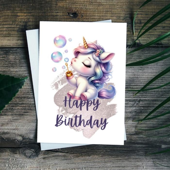 Soap Bubbles Unicorn Birthday Card, Cute Digital Greeting Card