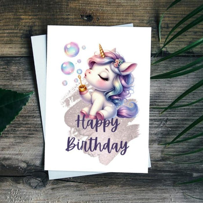 Soap Bubbles Unicorn Birthday Card, Cute Digital Greeting Card