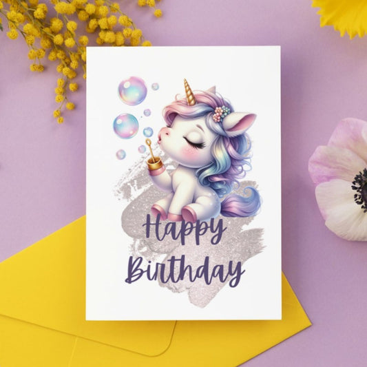 Soap Bubbles Unicorn Birthday Card, Cute Digital Greeting Card