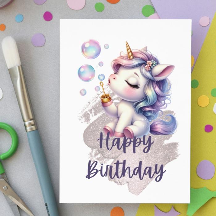 Soap Bubbles Unicorn Birthday Card, Cute Digital Greeting Card