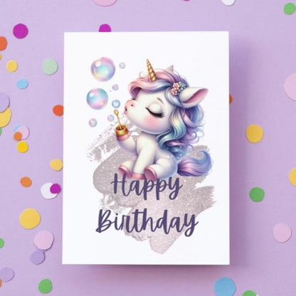 Soap Bubbles Unicorn Birthday Card, Cute Digital Greeting Card